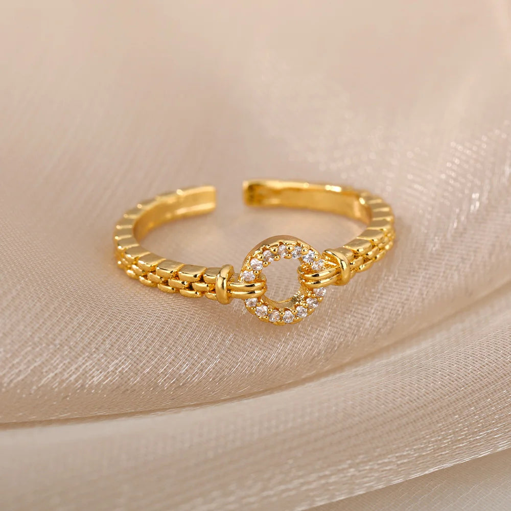 Fashion Chain Hollow Out Rings For Women Gold Color Stainless Steel Zircon Cross Open Ring Trendy Wedding Aesthetic Jewerly Gift