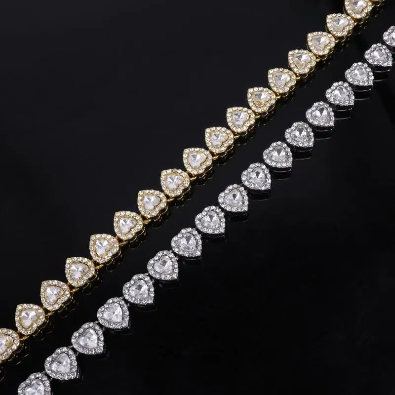 45CM New Hip Hop Tennis Chain Bracelet Necklace Shiny Heart Rhinestone CZ Fashion Rock Party Jewelry