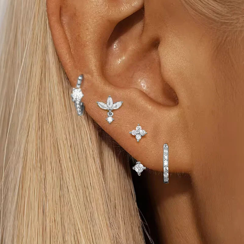 4PCS Zircon Heart Moon Flower Small Hoop Earrings Set For Women Stainless Steel Huggies Pendant Piercing Earrings Jewelry Aretes