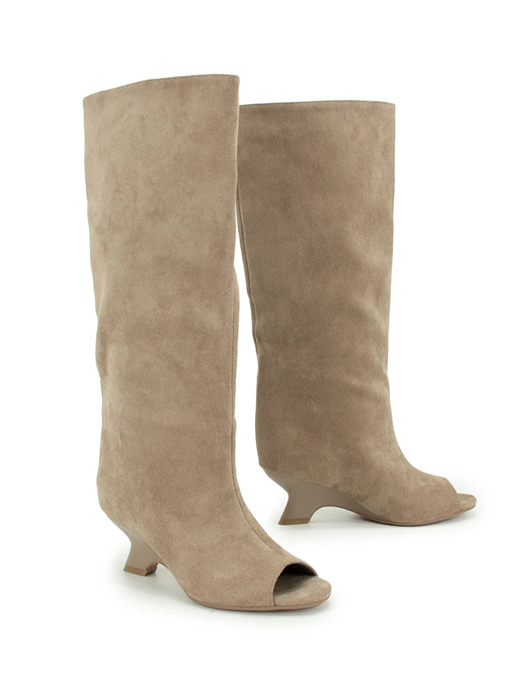 GMQM 2025 New Women’s Slouchy Knee High Boots Open Toe Wedge Heel Wide Calf Pull On For Winter Fall Fashion Casual Dress Tall