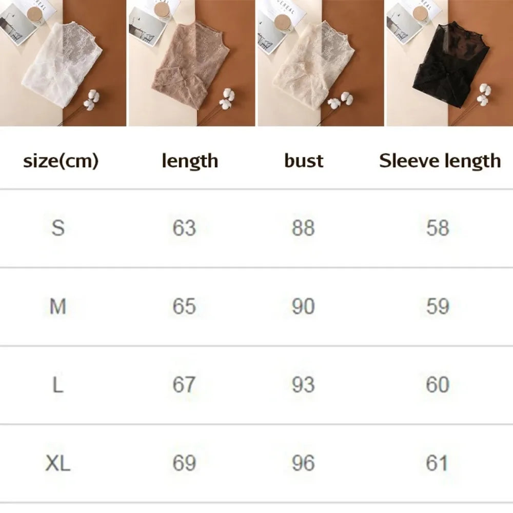 Women's Mesh T-Shirts Long Sleeve Transparent Lace Blouse Sheer See through Top Bottoming Shirt Crop Body Tee