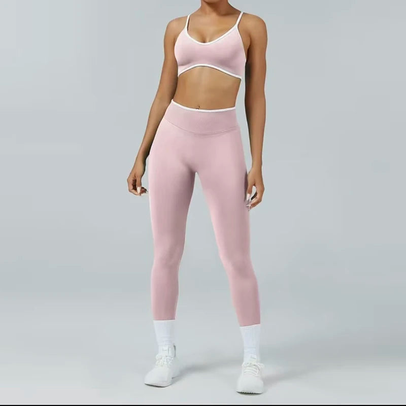 2PCS High Waisted Sports Bra Set with Contrasting Small Suspender Tight Fitting Hip Lifting Training Bra And Pants