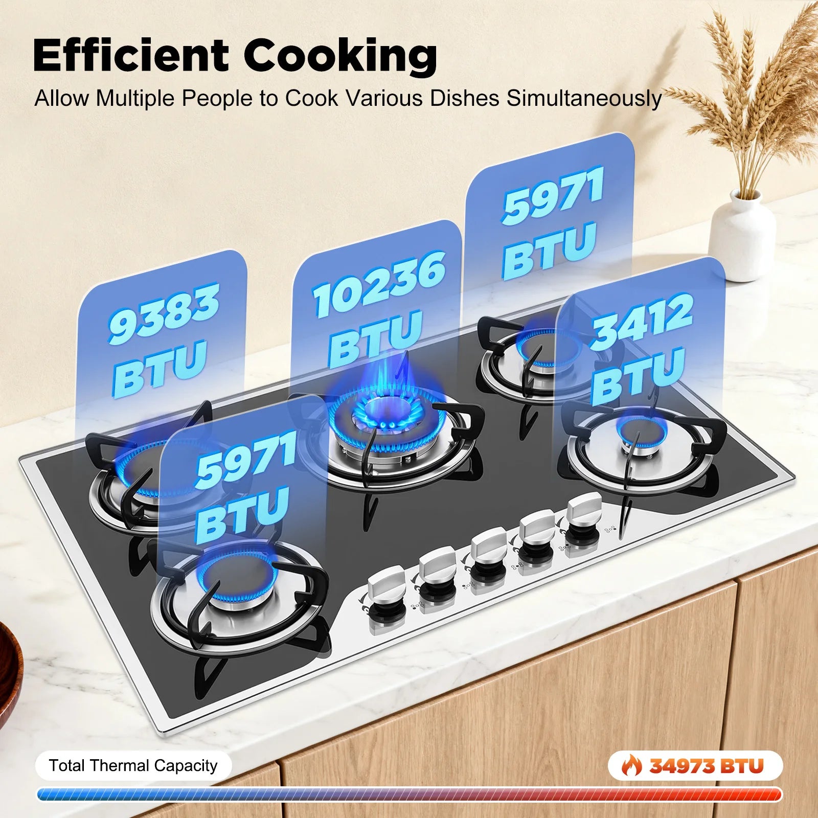 5 Burners Built-in Gas Stove, Dual Fuel NG/LPG Convertible Gas Hob, Oversized Cooking Surface 30.31*20.08” for Home Kitchens, Restaurants