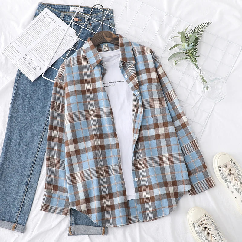 Casual Women's Plaid Shirt 2025 Spring Autumn New Ladies Loose Blouse and Tops Female Long Sleeve Shirts Fresh Checked Clothes