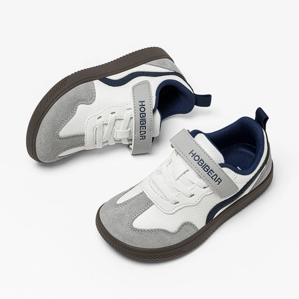HOBIBEAR Kids Wide Toe Barefoot Shoes Hook Loop Minimalist Sneakers Artificial Leather Mesh Retro Walking Shoes for Big Kid