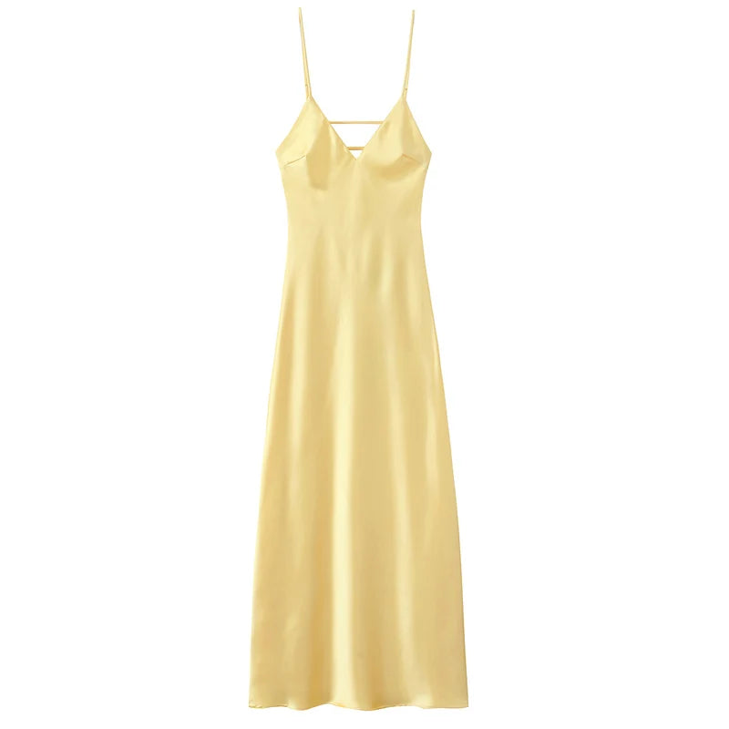 HXAO Yellow Dresses Women Satin V Neck Midi Dress Summer Backless Strap Slip Dresses Elegant Evening Party Dress 2025 Vestidos