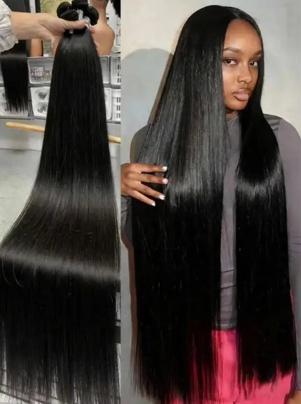 40 42 Inch Long Straight Human Hair Bundles Natural Brazilian Virgin Hair 1/3/4 Bundles Hair Extensions Double Weft Wet And Wavy
