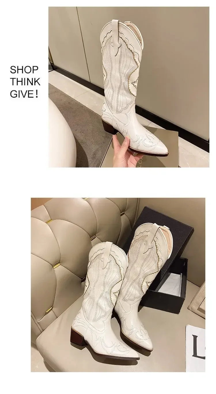 Vintage Square Head Thick Heel Cowboy Boot for Women Embroidered Western Cowboy Boots Side Zipper Shoes Autumn Pointed Boots