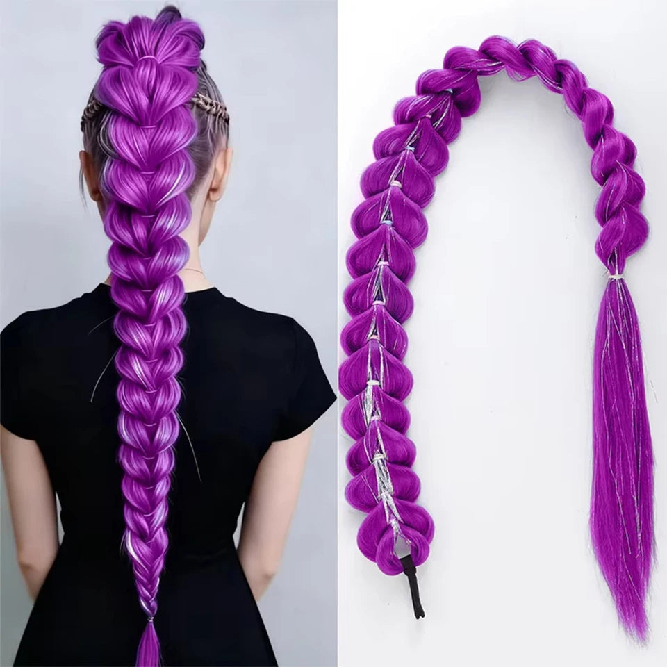 32inch Braided Purple Synthetic Ponytail with Tinsel Hair Wig Super Extensions Shiny Tinsel Hair for Kids Christmas Cosplay Hair