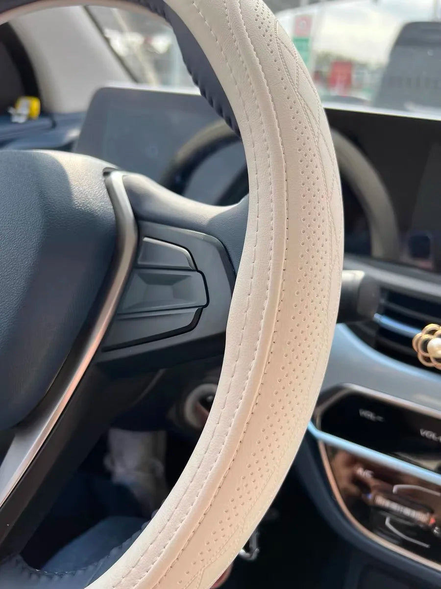 Napa Leather Perforated Patchwork Car Steering Wheel Cover, Non-slip, Breathable, Fits 14.5–15 Inch Steering Wheel Cover
