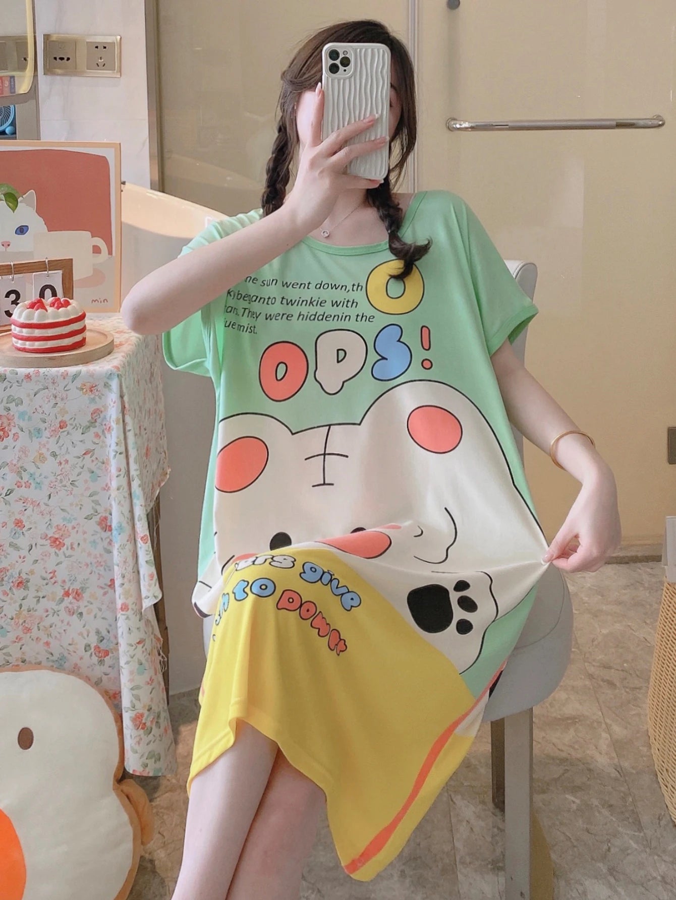 1PC, Summer And Autumn Cool Cute Girls Cartoon Nightdress, Comfortable Short-sleeved Dress, Women's Home Wear, Polyester Pajama