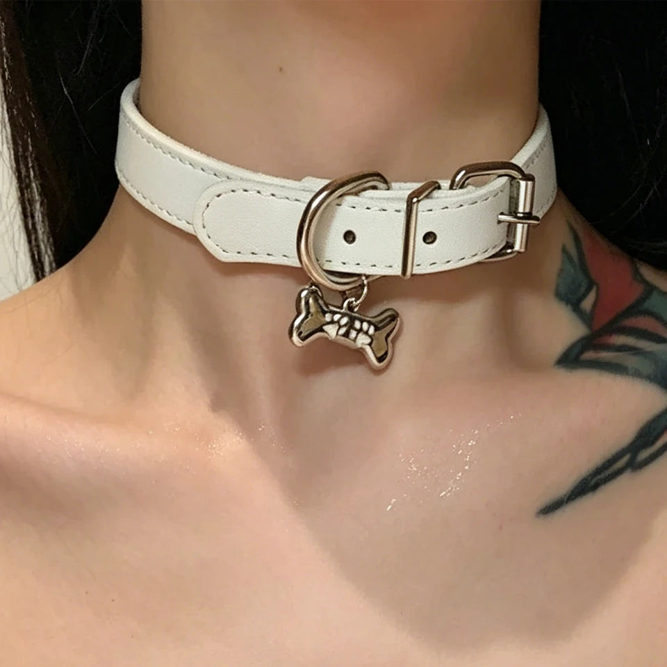 ZAKOL 1Pcs Y2K Sweet Cool PU Leather Collar Chain Punk Dog Claw Bone Charms Choker Necklace For Women Party Jewelry Gifts
