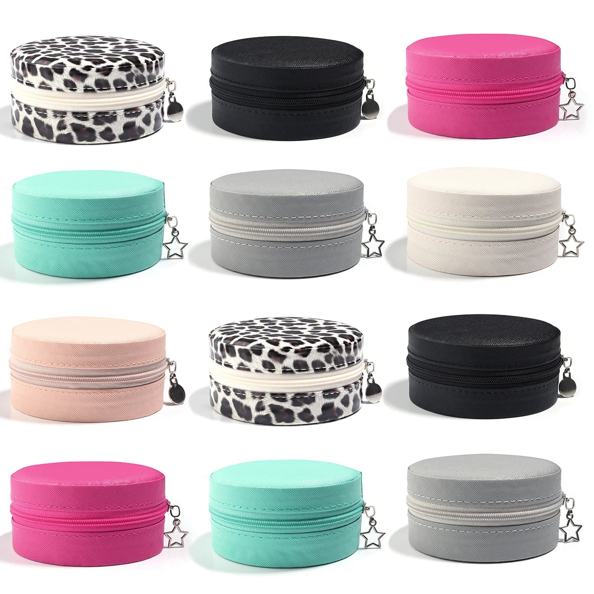 1 Pc PU Leather Jewelry Box Round Jewelry Organizer Case Multicolor Portable Necklace Earrings Rings Display Mini Storage Box