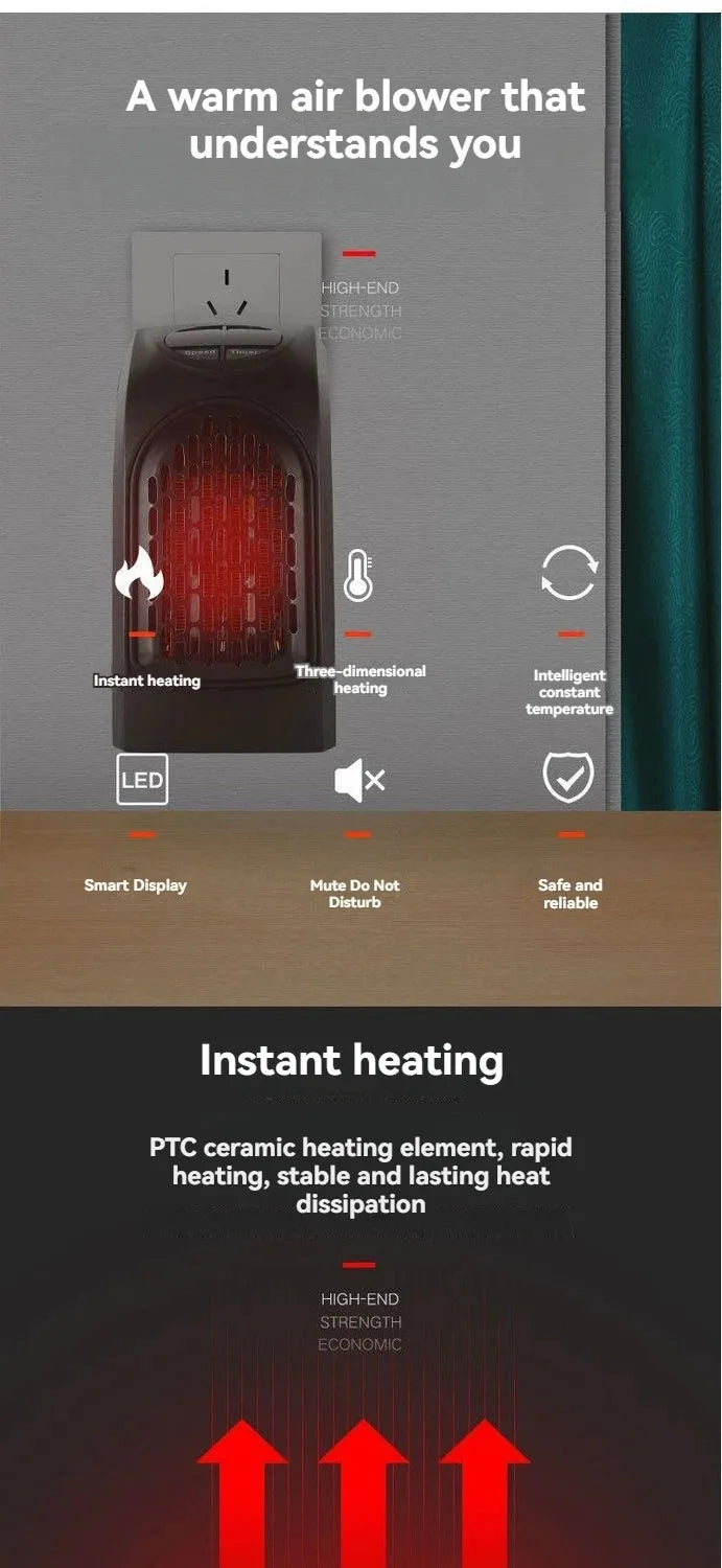 Portable Electric Heater for Rooms, Plug-In Wall Mini Radiator Fan Warmer, Compact Home Heating Appliance