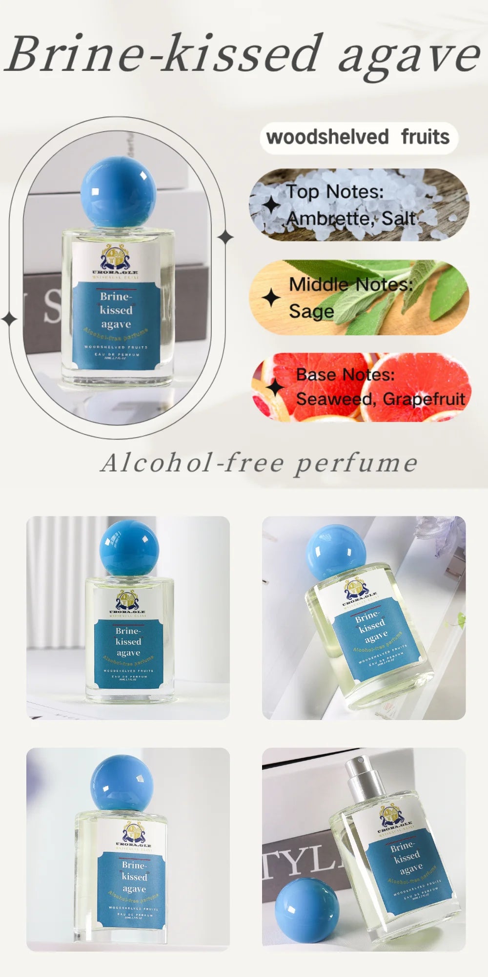 Brine-kissed Agave: Ocean-inspired Unisex Fragrance,Sea Salt Men's Perfume, 50ml,Women's Fragrance,Home Fragrance,Alcohol-Free