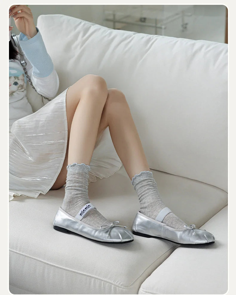 Women Solid Color Mesh Mid Tube Socks Spring Summer Thin Lightweight Breathable Wavy Edge Ballet Style Casual Hollo