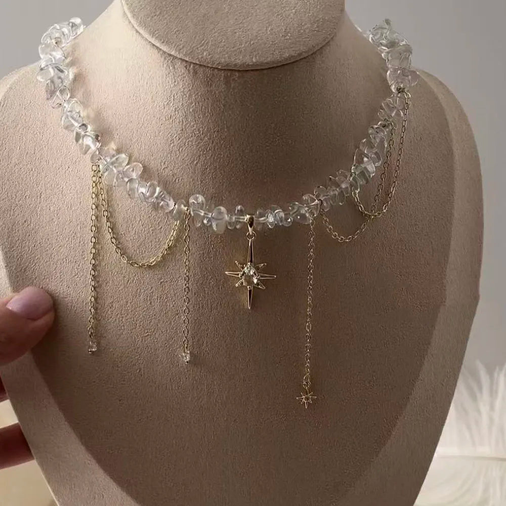 Fashion Tassel Chain Pendant Necklace For Women Boho Transparent Crystal & Imitation Pearl Chain Jewelry Valentine's Gift N0538