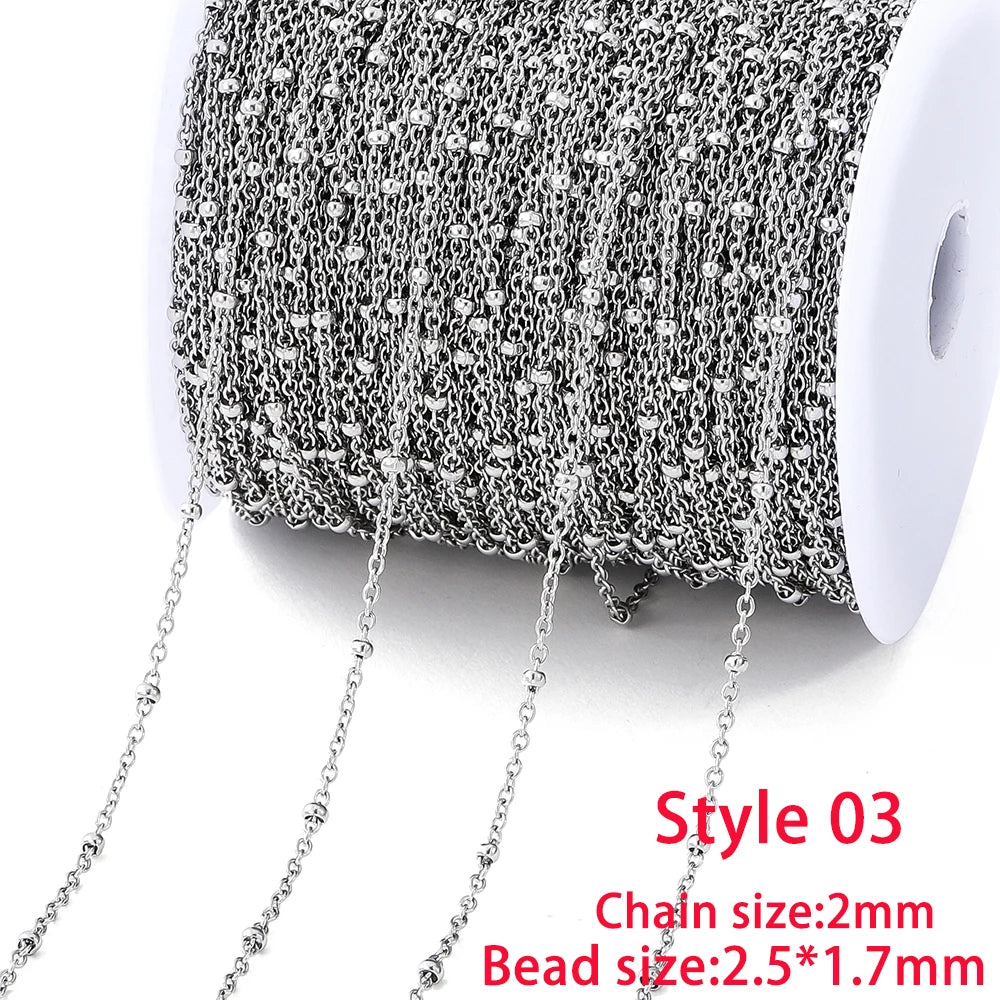 No Fade 2Meters Stainless Steel Chain Cross Chain with Beads for DIY Necklace Bracelet Anklet Jewelry Making Accessories