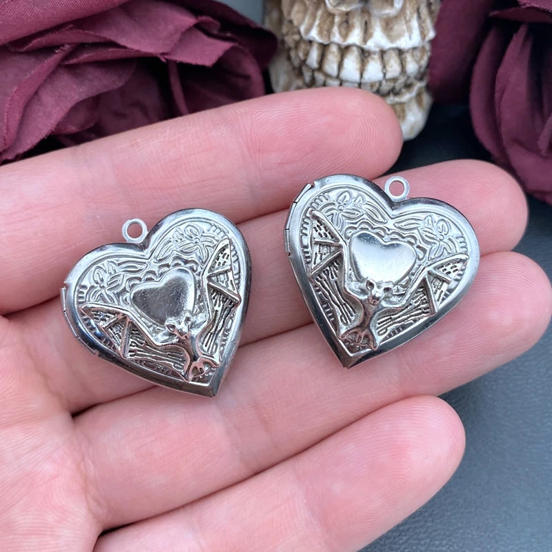 2pcs Bat Heart Locket Charms Stainless Steel Heart Photo Frame Pendant Designer Charms For Jewelry Making DIY Jewelry Findings