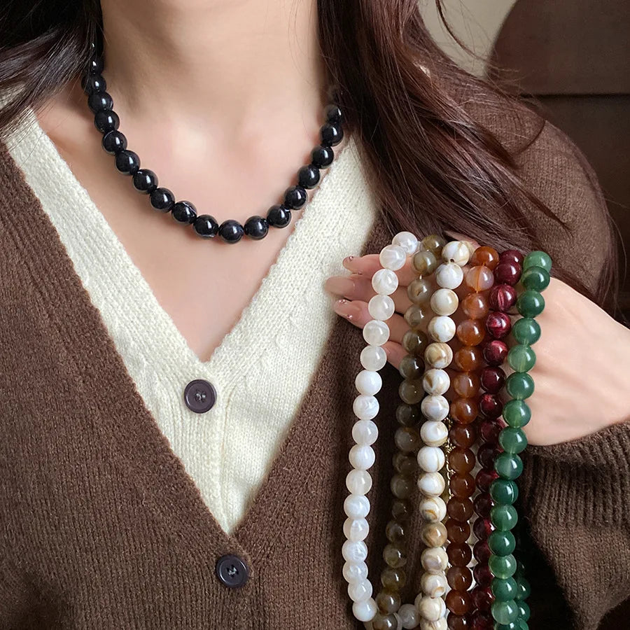 7 Colors 42cm Smudging Round Beads Acrylic Choers Necklaces Vintage Resin Collarbone Chain Charms Banquet Dress Decoration K