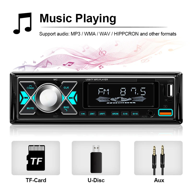 Car 1 din Radio Audio Stereo MP3 Player Bluetooth Multimedia Digital Stereos For Car Universal Colorful With Aux Input USB