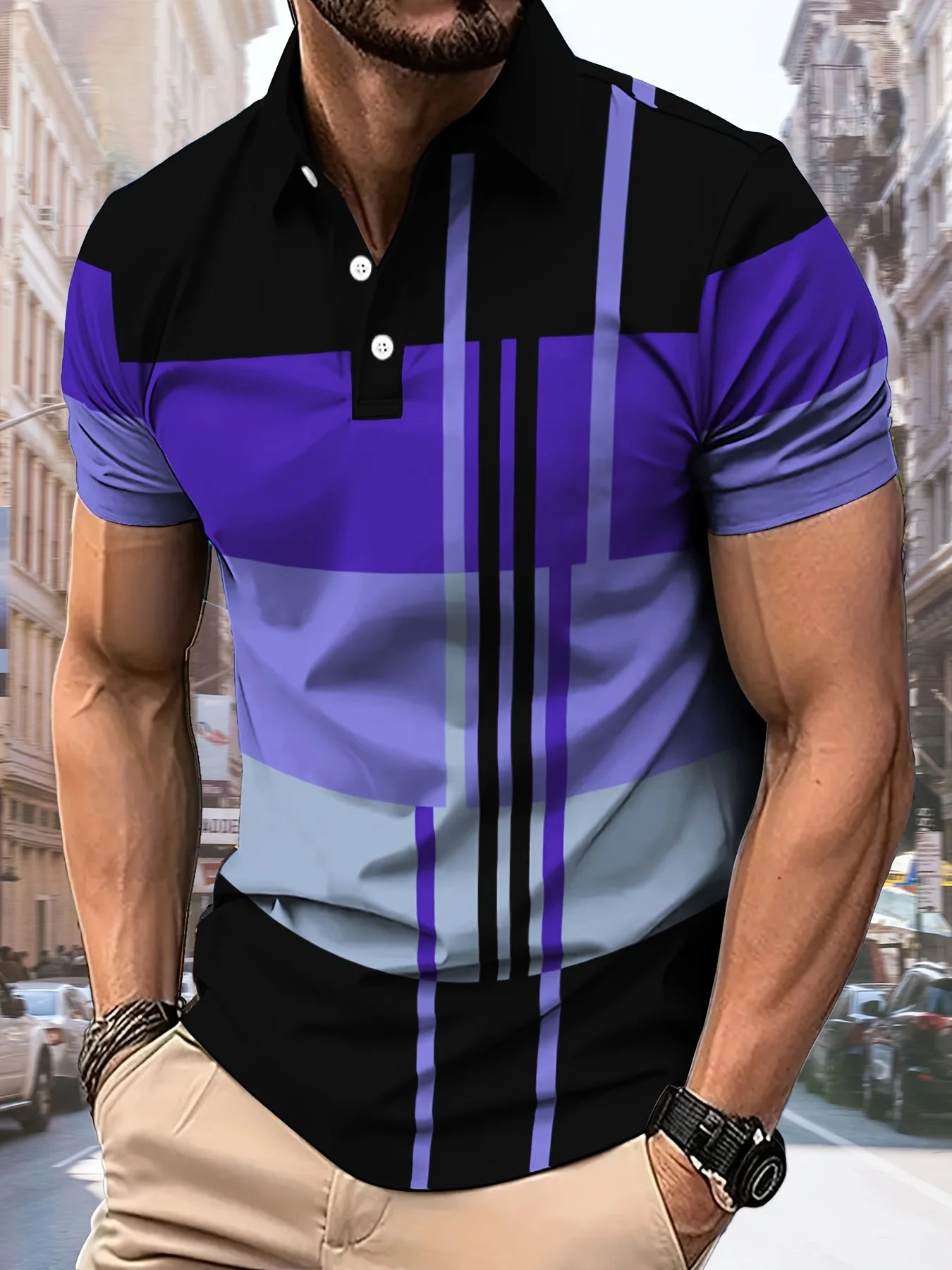 The 2025 summer new men's POLO shirt features a casual fashionable comfortable and breathable 3D striped pattern print