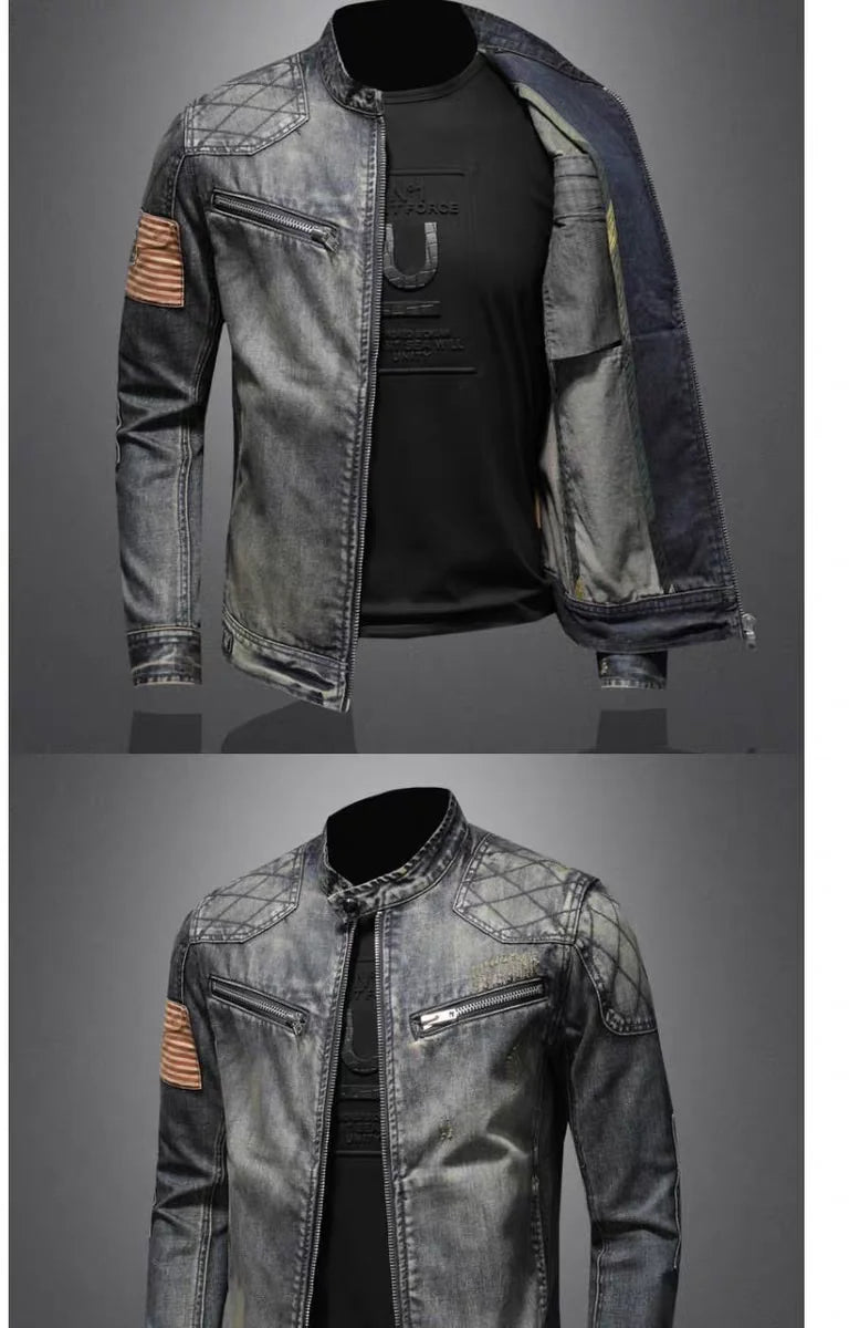2024 new men's denim jacket trendy retro fashion casual stand-up collar zipper jacket handsome riding biker clothing denim tops