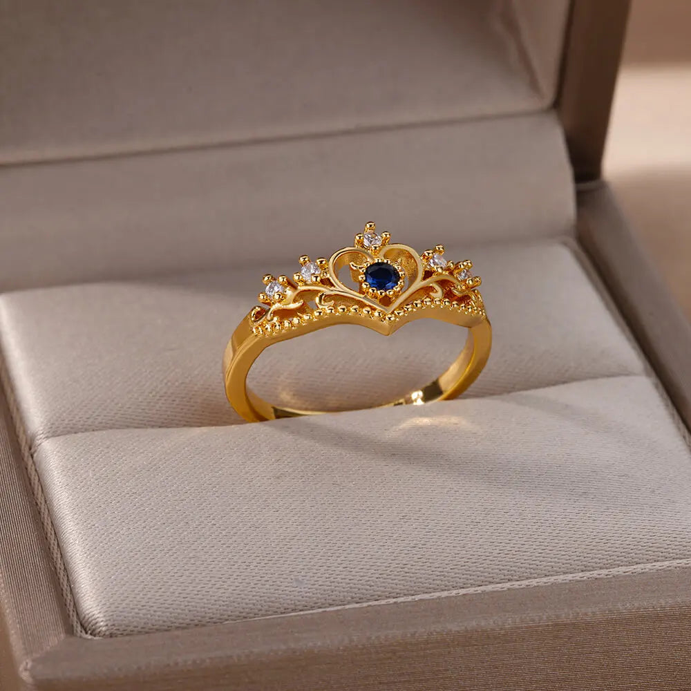 Blue Zircon Crown Rings For Women Stainless Steel Adjustable Crown Ring 2023 Trend Design Female Wedding Jewerly Free Shipping
