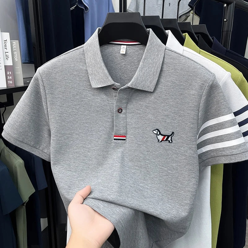 luxury brand men's high quality short sleeves polo shirt lapel embroidery puppy cuff stripe t-shirt business leisure men's wear