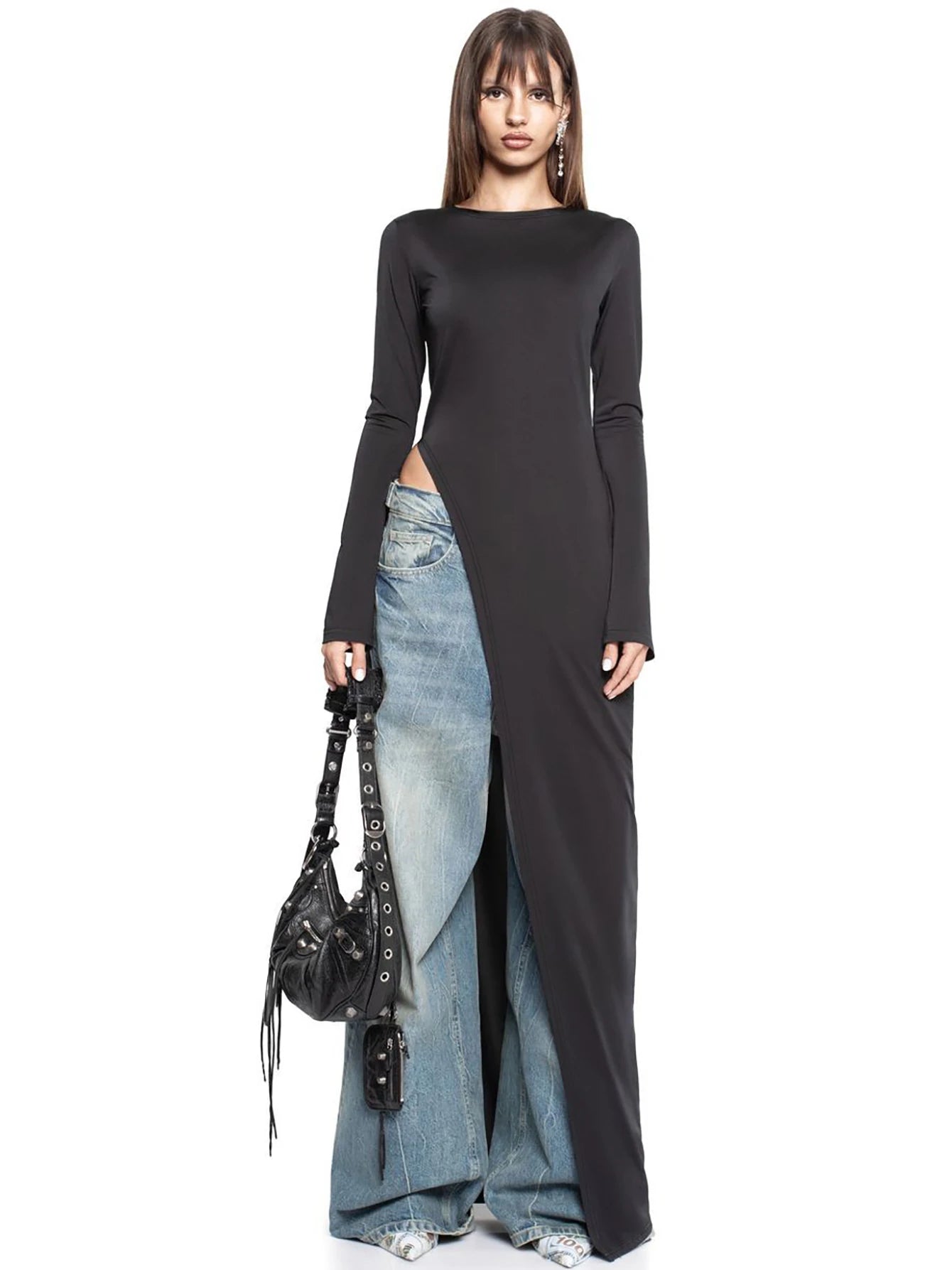 Dulzura Long Sleeves Side High Slit Maxi Dress Solid Sexy Long Dress Women’S Party Club Streetwear Autumn Winter Outfit