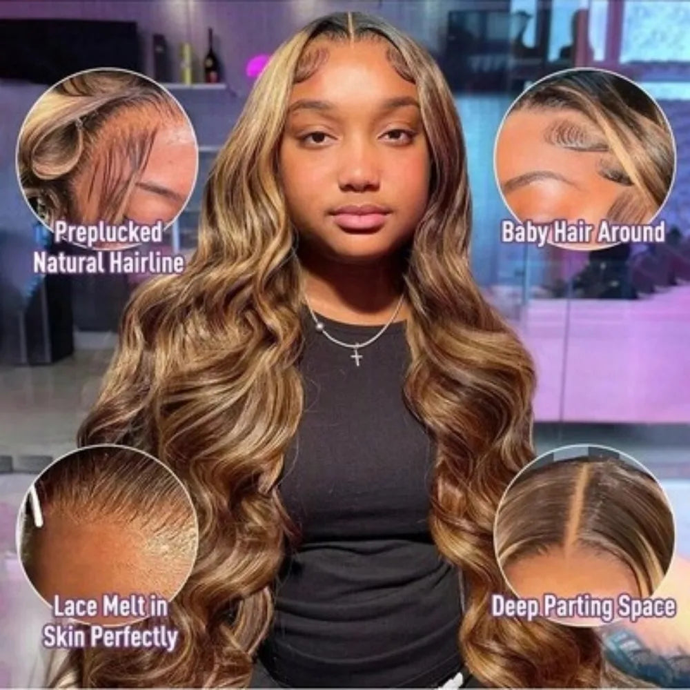 13x4 HD Highlight Body Wave Lace Front Wigs Human Hair For Women Glueless Pre Plucked 4/27 Colored 200% Density With Baby Hair