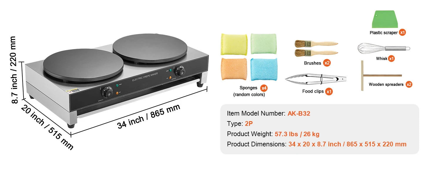 SucceBuy 16inch Electric Crepe Maker Double Head Commercial Crepe Machine 3400W Flat Plate Crepe Griddle Nonstick Pancake Stove