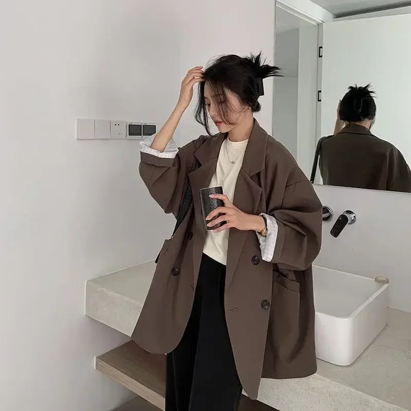New 2025 Vintage Loose Women Solid Blazer Autumn Chic Double Breasted Female Long Sleeve Suit Jackets Stylish Ladies Blazers