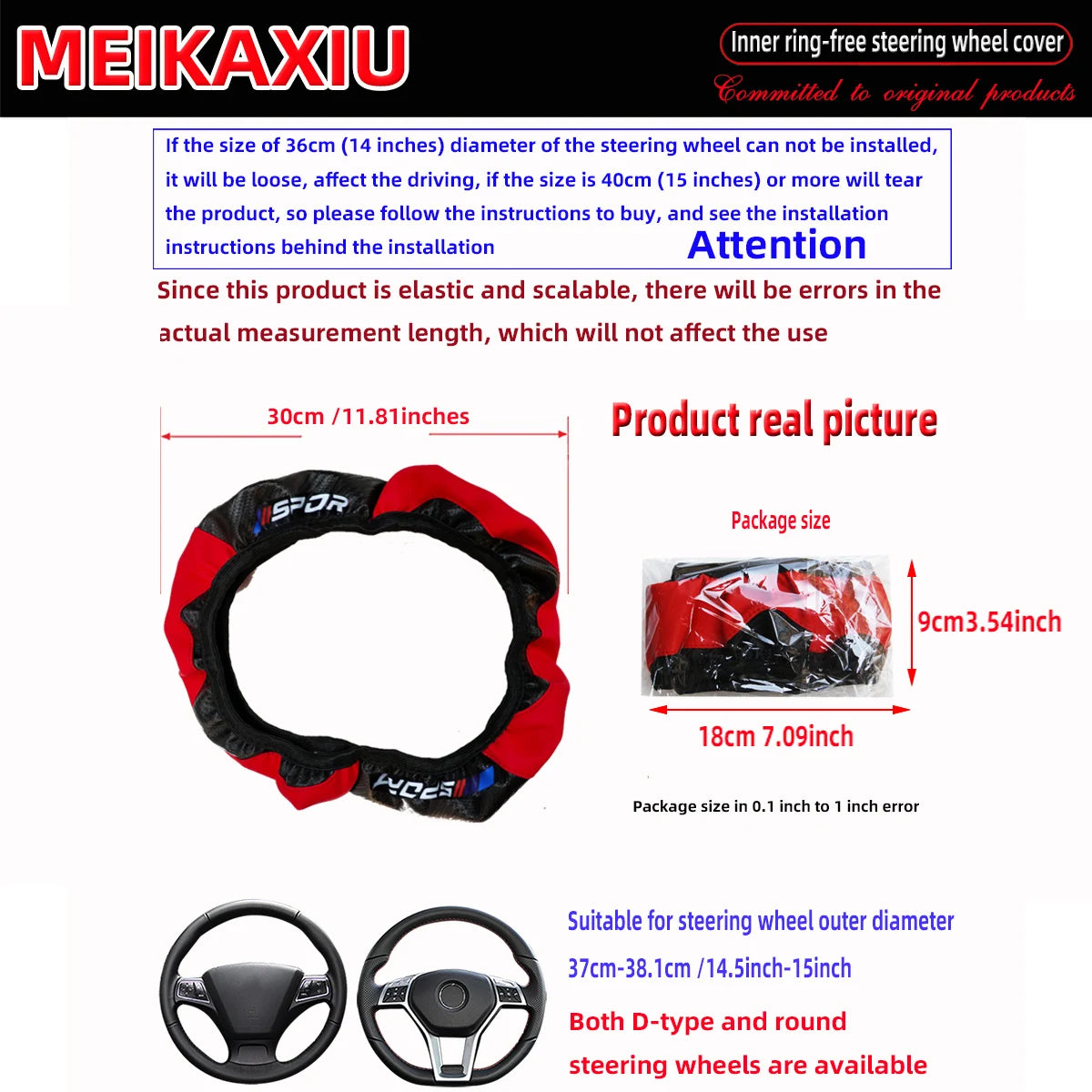 Carbon Fiber Leather Sport Steering Wheel Cover Rimless Universal Fit for 14.5-15 Inch Car Steering Wheels Decorative Accessory