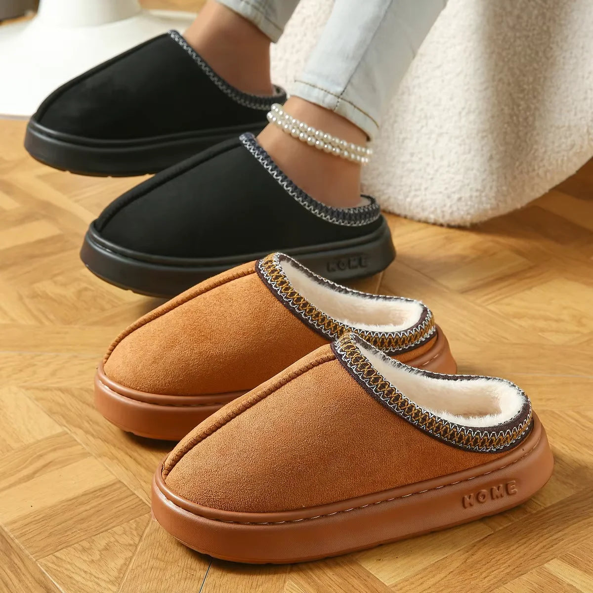 Hot Winter Women Slippers Plush Interior Anti Slip Thick Sole Fashion Embroidered Warm House Shoes for Ladies
