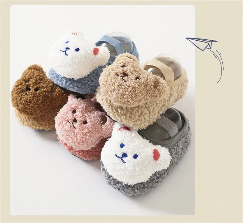 Cartoon Bear Baby Shoes Winter Thick Warm Newborn Shoes Non-slip Soled Soft Plush Toddler Kids Boy Girls Infant First Walkers