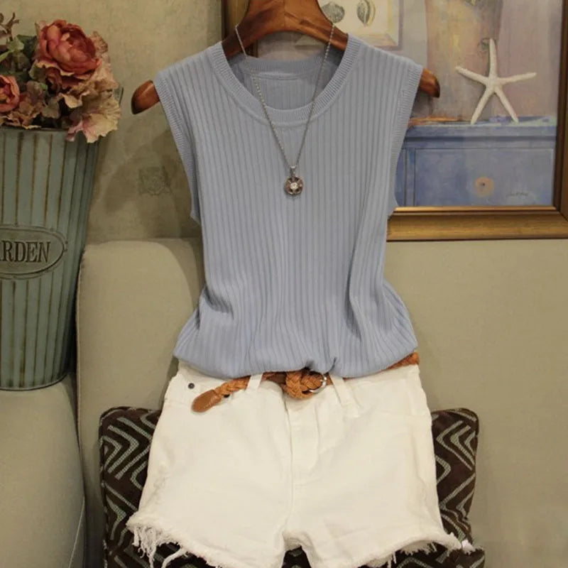 2026 Summer New Fashion Knitted Vests O-neck Sleeveless Casual Thin Tops Sleeveless Blouse Women Shirt