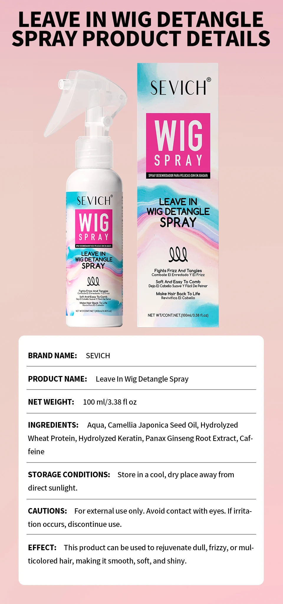 Wig Spray 100ml Moisturizer Care Spray for Wig Keratin Soft Smooth Frizz Damaged Repair Hair Mask Leave-in Conditioner Hair Care