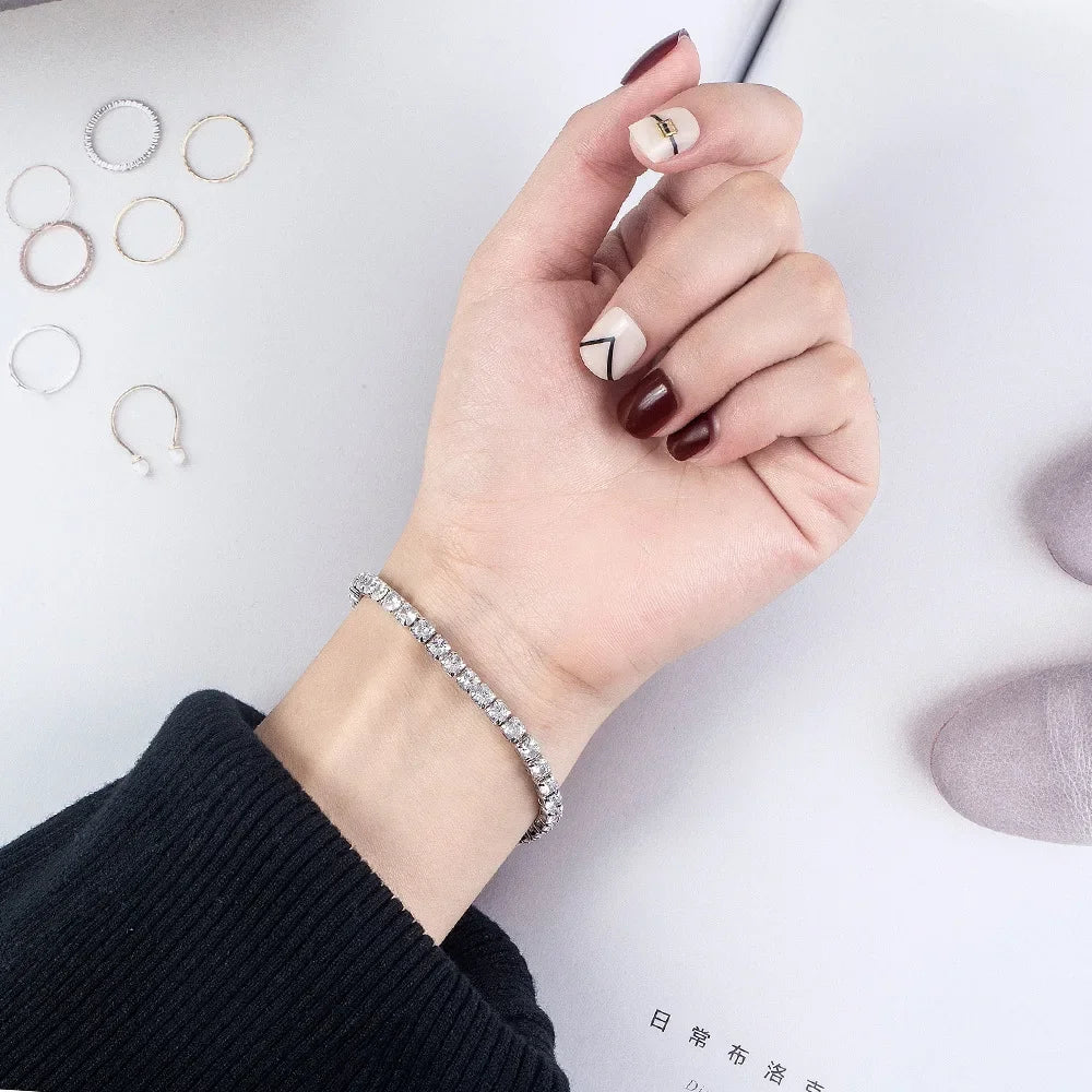 Noble S925 Sterling Silver Bracelet Zirconia Tennis Ball Women Fashion Simple Engagement Wedding Charm Jewelry 4mm width