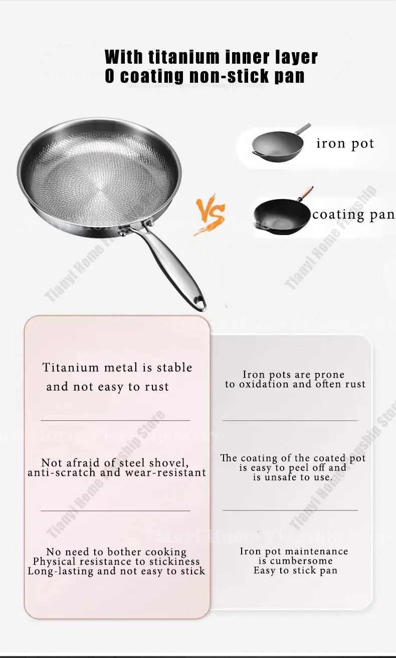 22/24/26/28/30cm Titanium Stainless Steel Frying Pan Non-stick Wok Home Egg Steak Skillet Induction Gas Stove Kitchen Cookware