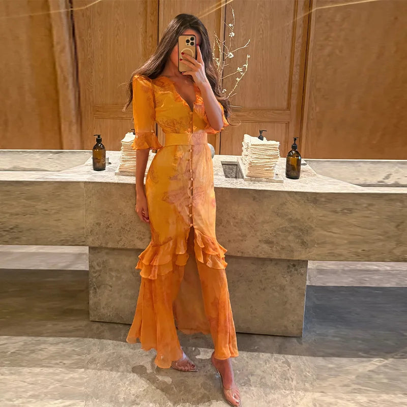 Fashion Organza Floral Printed Maxi Dress V-Neck Puff Sleeve 2026 Spring/Summer Romantic Women Party Gown Elegant Lady Vestido