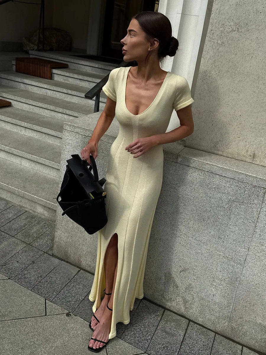 Tsiisd Ribbed Knit Maxi Dress For Women Deep V-Neck Slim High Slit Elegant Patchwork Commute Party Dress Women Knitwear Dress