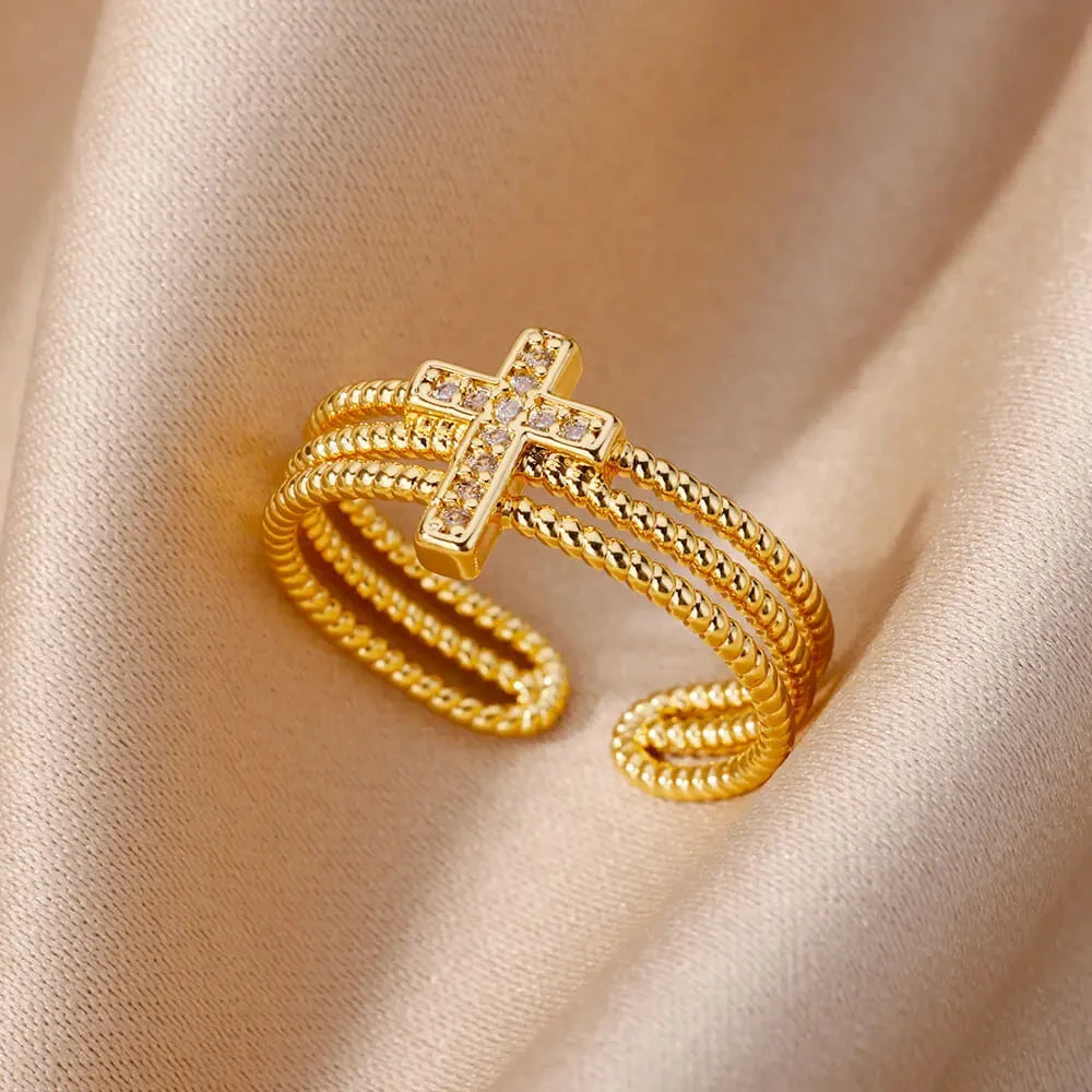 Fashion Chain Hollow Out Rings For Women Gold Color Stainless Steel Zircon Cross Open Ring Trendy Wedding Aesthetic Jewerly Gift