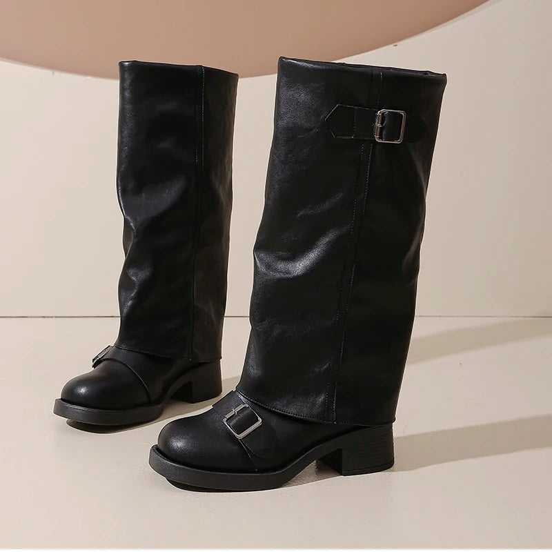 Vintage Thick Heel Women Knee High Boots Fashion Ladies Belt Buckle Knight Long Booties Botas De Inverno Feminina