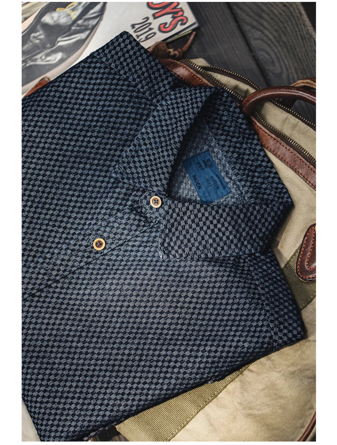 Maden Retro Checkered Long-sleeved Denim Shirt Loose Lapel Single-breasted Jacket for Men Spring and Fall Versatile Outerwear