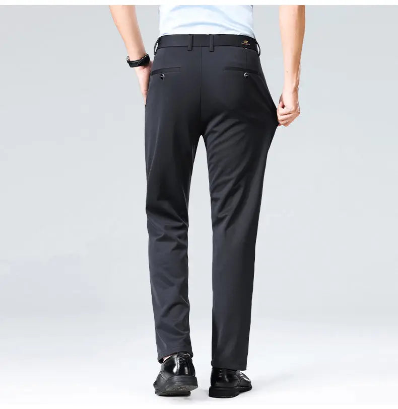 High-stretch fabric men's business trousers suitable for all seasons, featuring an elastic waistband and classic office/work for
