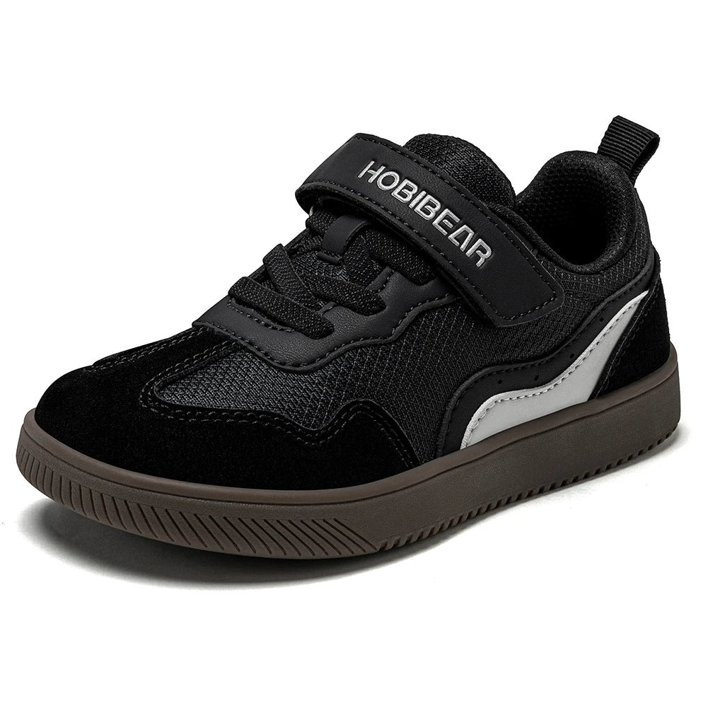 HOBIBEAR Kids Wide Toe Barefoot Shoes Hook Loop Minimalist Sneakers Artificial Leather Mesh Retro Walking Shoes for Big Kid