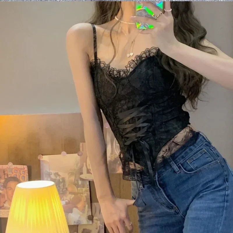 Clothes Blouses Sexy Crop Tops Women Corset Lace Bandage T-shirt Camisole Woman Sling Tank Top Fashion Sleeveless Waistcoat