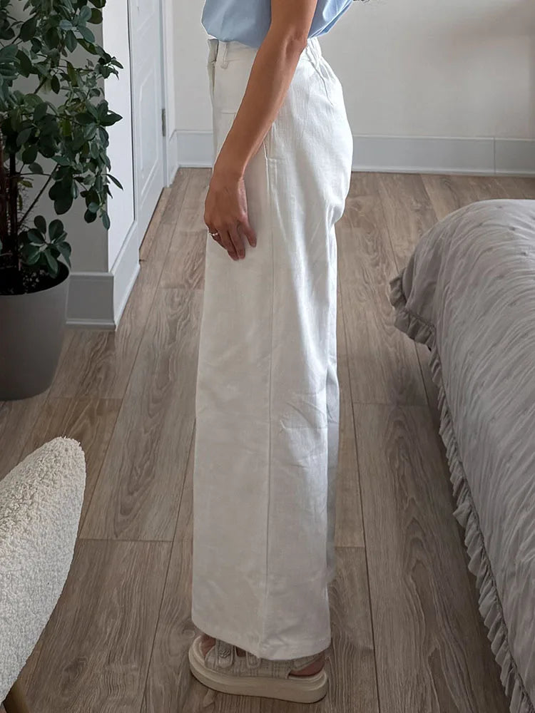 Summer White Pants For Women Cotton Formal High Waist Wide Leg Trousers Ladies Elegant Summer Women's Pants Straight Leg Office