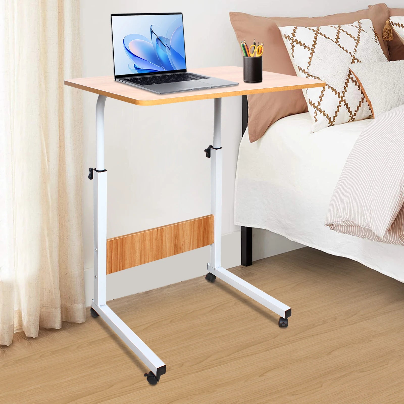 Mobile Laptop Desk 60*40cm Mdf Adjustable Bedside Desk Height Rolling Computer Table with Lockable Wheel for Home Bedroom Dormitory